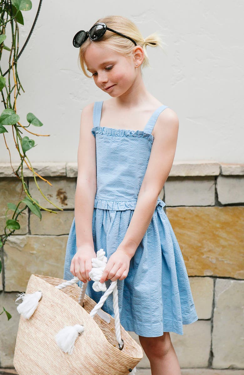 Hope & Henry Kids' Organic Ruffle Edge Seersucker Apron Dress, Alternate, color, Bluebell