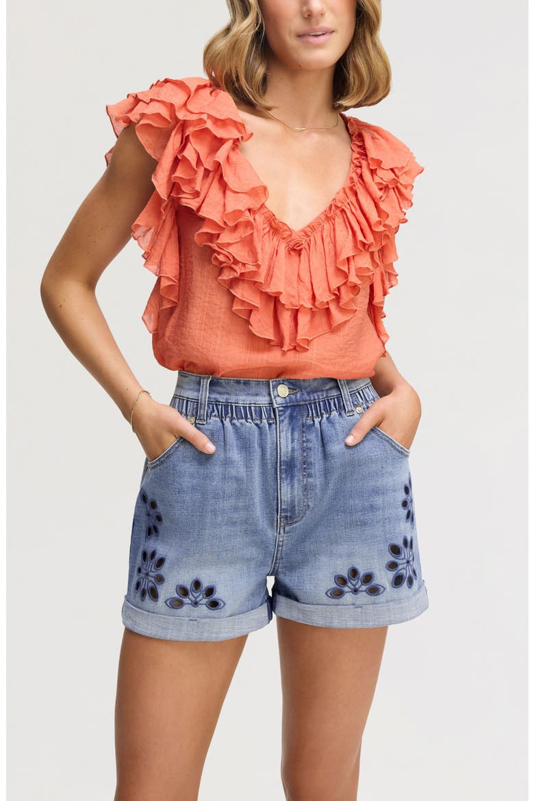 Embroidered Eyelet Paperbag Waist Denim Shorts, Alternate, color, POPPY INDIGO WASH