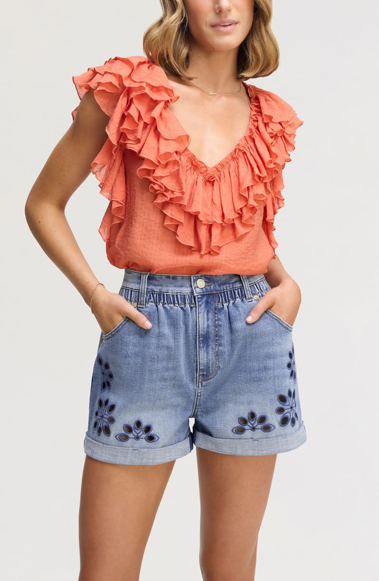 Sam Edelman Embroidered Eyelet Paperbag Waist Denim Shorts, Alternate, color, Poppy Indigo Wash