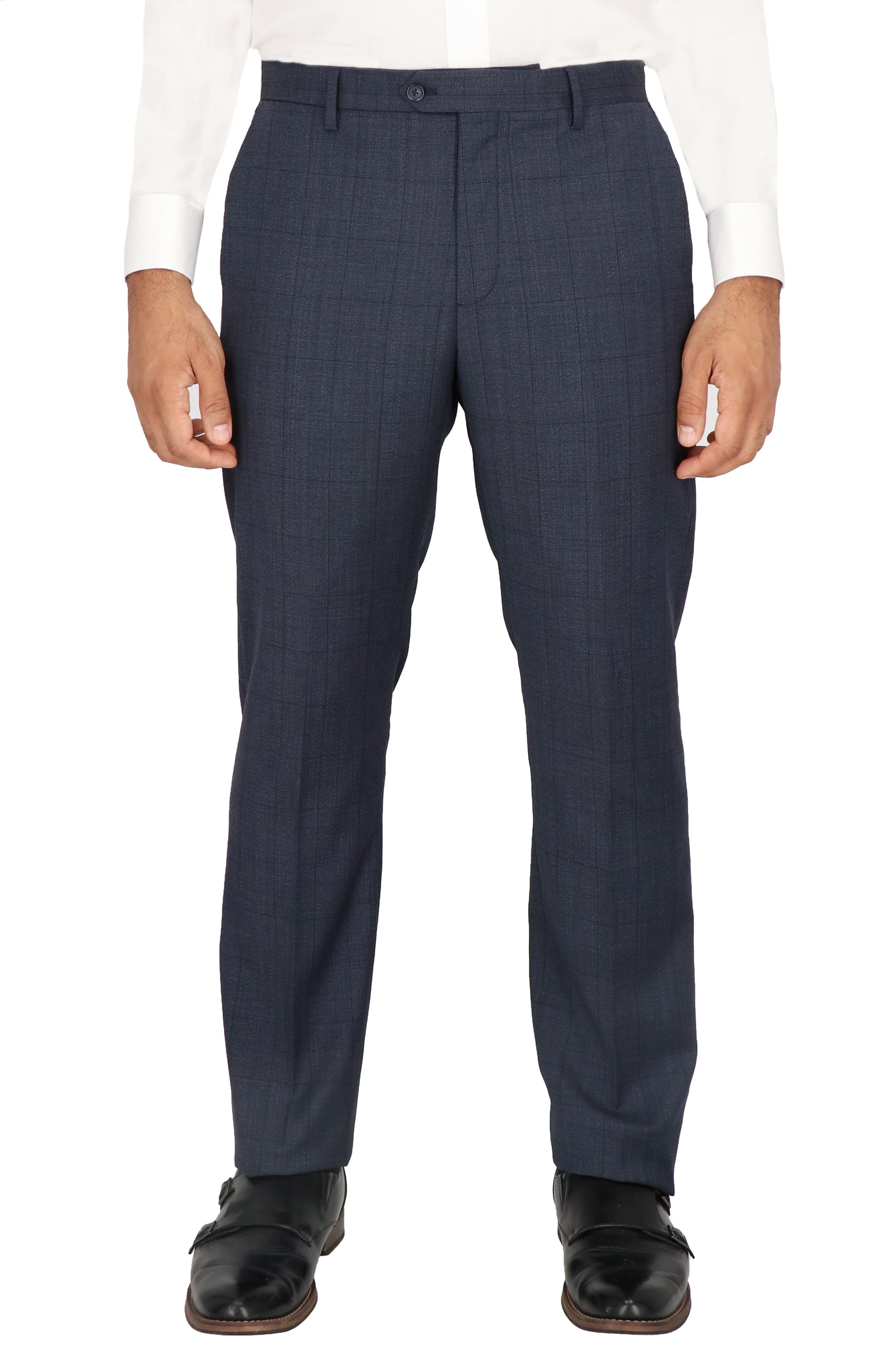 Scotch & Soda Navy Windowpane Check Flat Front Stretch Wool Dress Pants