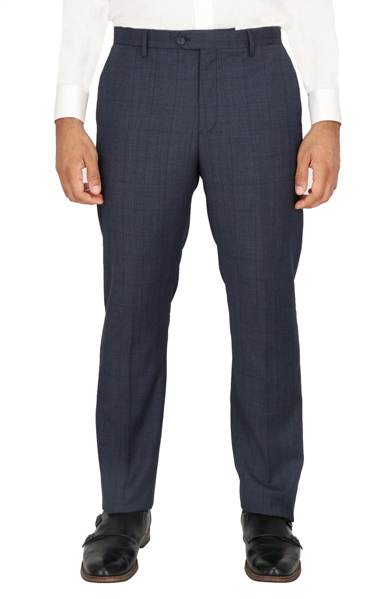 Scotch & Soda Navy Windowpane Check Flat Front Stretch Wool Dress Pants, Main, color, Navy Windowpane