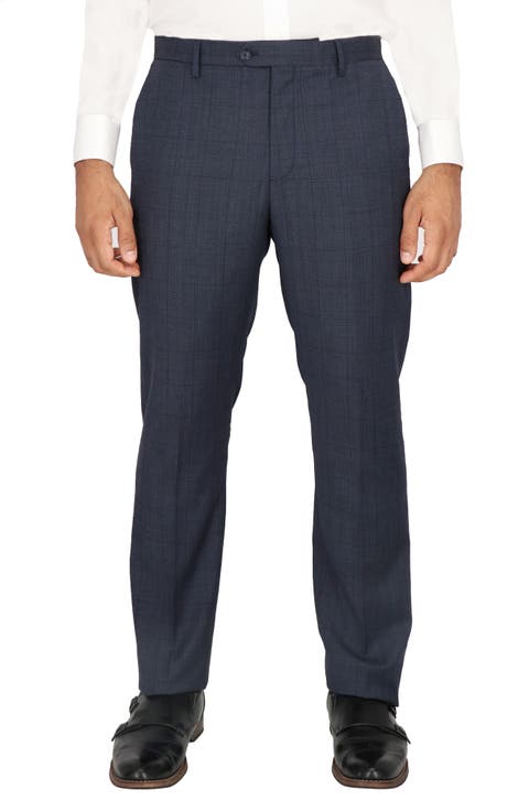 Navy Windowpane Check Flat Front Stretch Wool Dress Pants