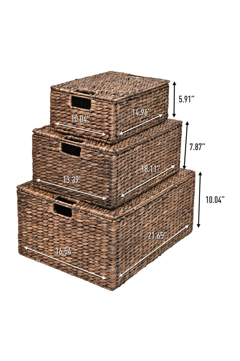 Brooks Classic Farmhouse Woven Hyacinth Rectangular Storage Baskets with Lids and Handles, Alternate, color, Brown