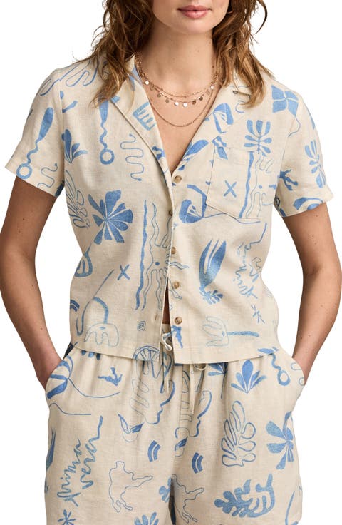 Print Linen Blend Short Sleeve Button-Up Camp Shirt