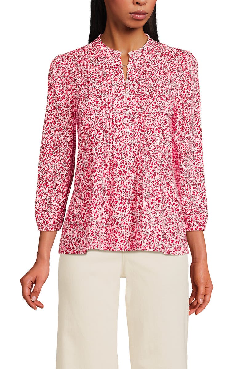 Lands' End Lightweight Jersey Button Pintuck Top, Main, color, Ivory/Berry Rouge Blossoms