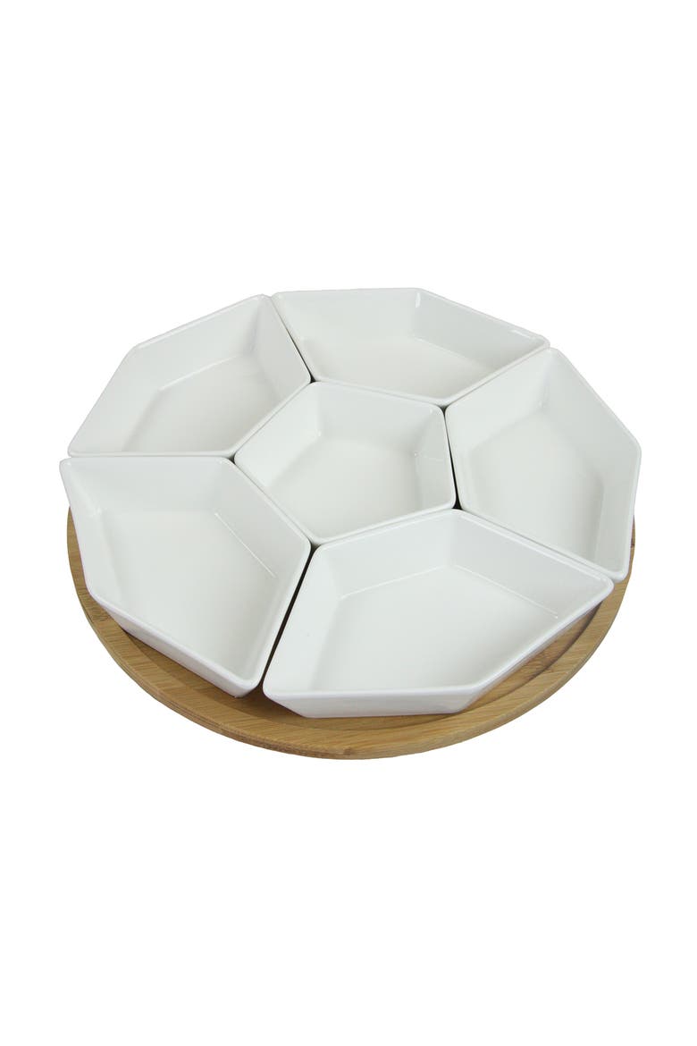 12 Inch 7-Piece Condiment Server Set with a Wood Lazy Suzan Serving Tray, Alternate, color, White