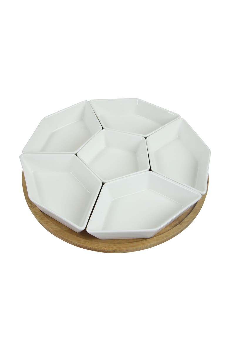 Elama Signature 12 Inch 7-Piece Condiment Server Set with a Wood Lazy Suzan Serving Tray, Alternate, color, White