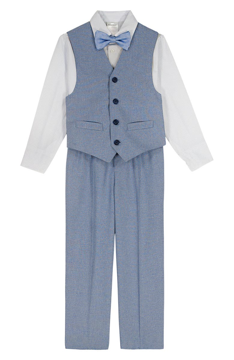 Calvin Klein Kids' Stripe Vest, Dress Shirt, Pants & Bow Tie Set, Alternate, color, Blue Allure