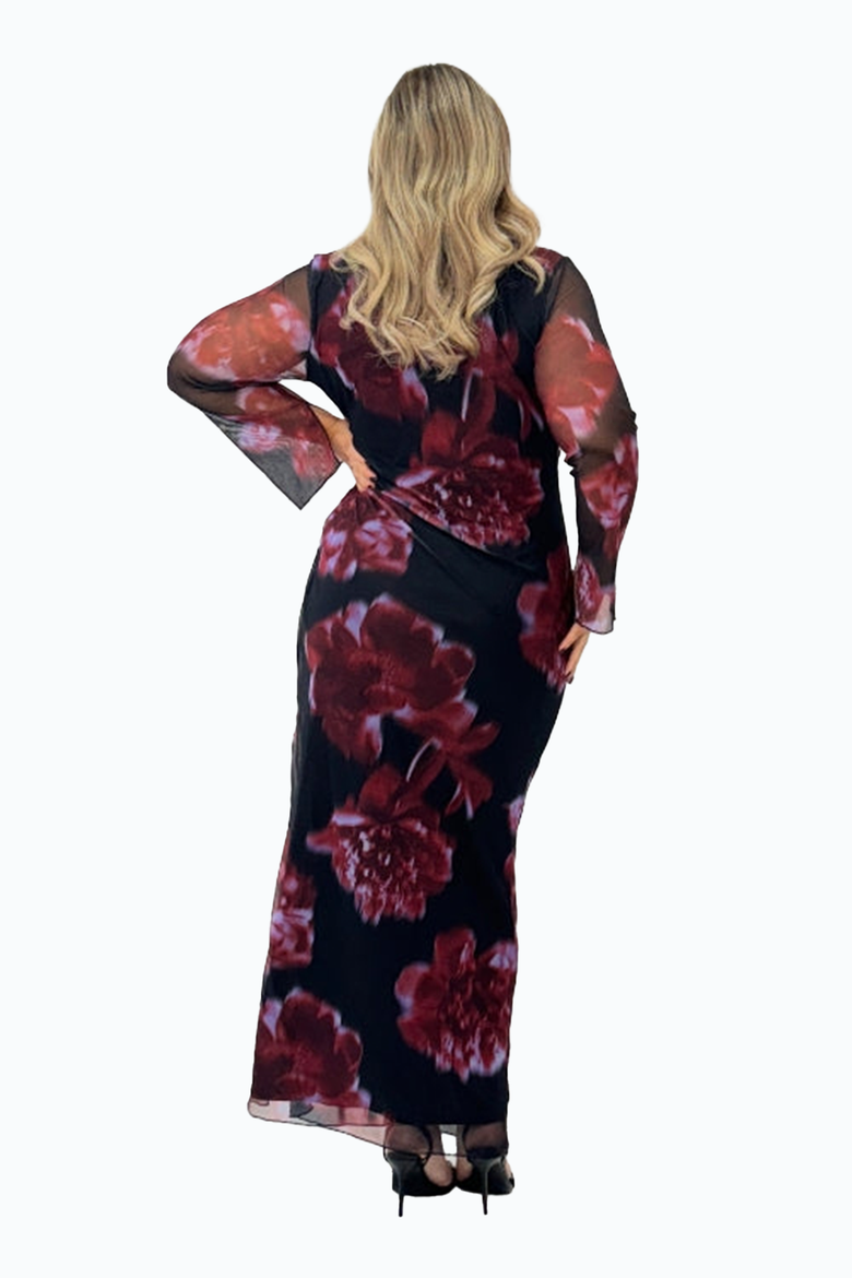 Cowl Neck Mesh Flare Sleeve Maxi Dress, Alternate, color, Burgundy