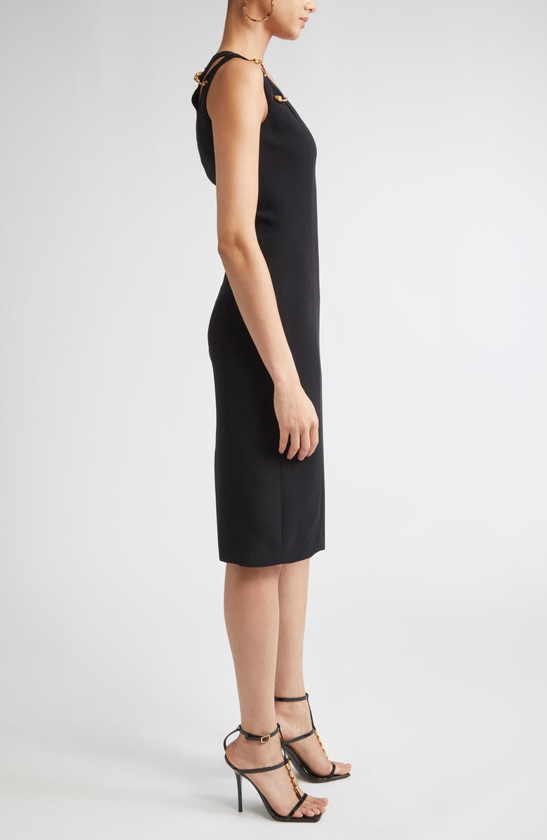 Versace Safety Pin Cady Sheath Dress, Alternate, color, Black