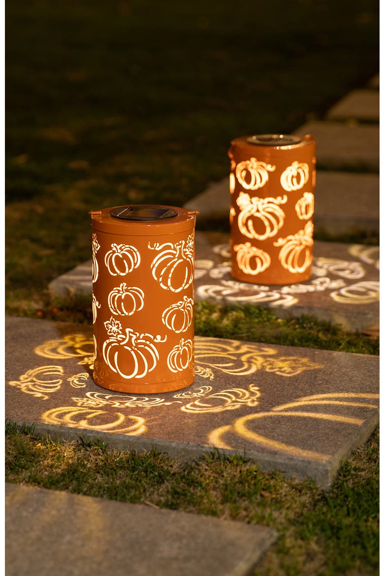 Fall Metal Pumpkin Solar Powered LED Lantern, Alternate, color, Orange