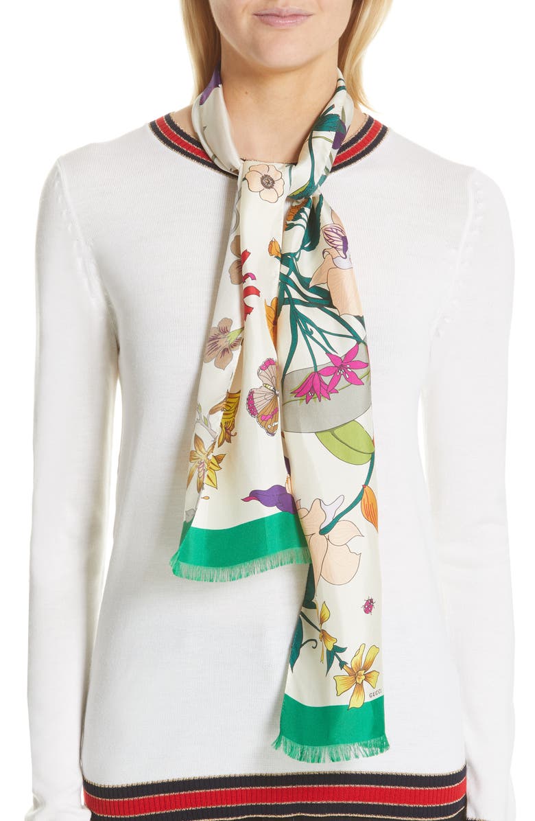 Gucci Gothic Floral Silk Skinny Scarf, Alternate, color, 