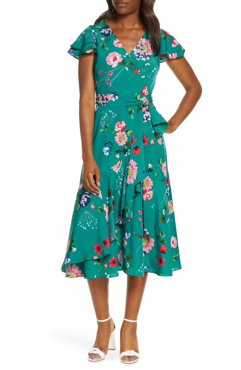 Eliza J Floral Flutter Midi Faux Wrap Dress, Main, color,