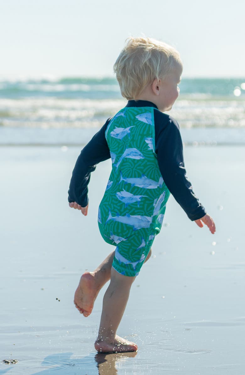 Snapper Rock Reef Shark Long Sleeve One-Piece Rashguard Swimsuit, Alternate, color, Green