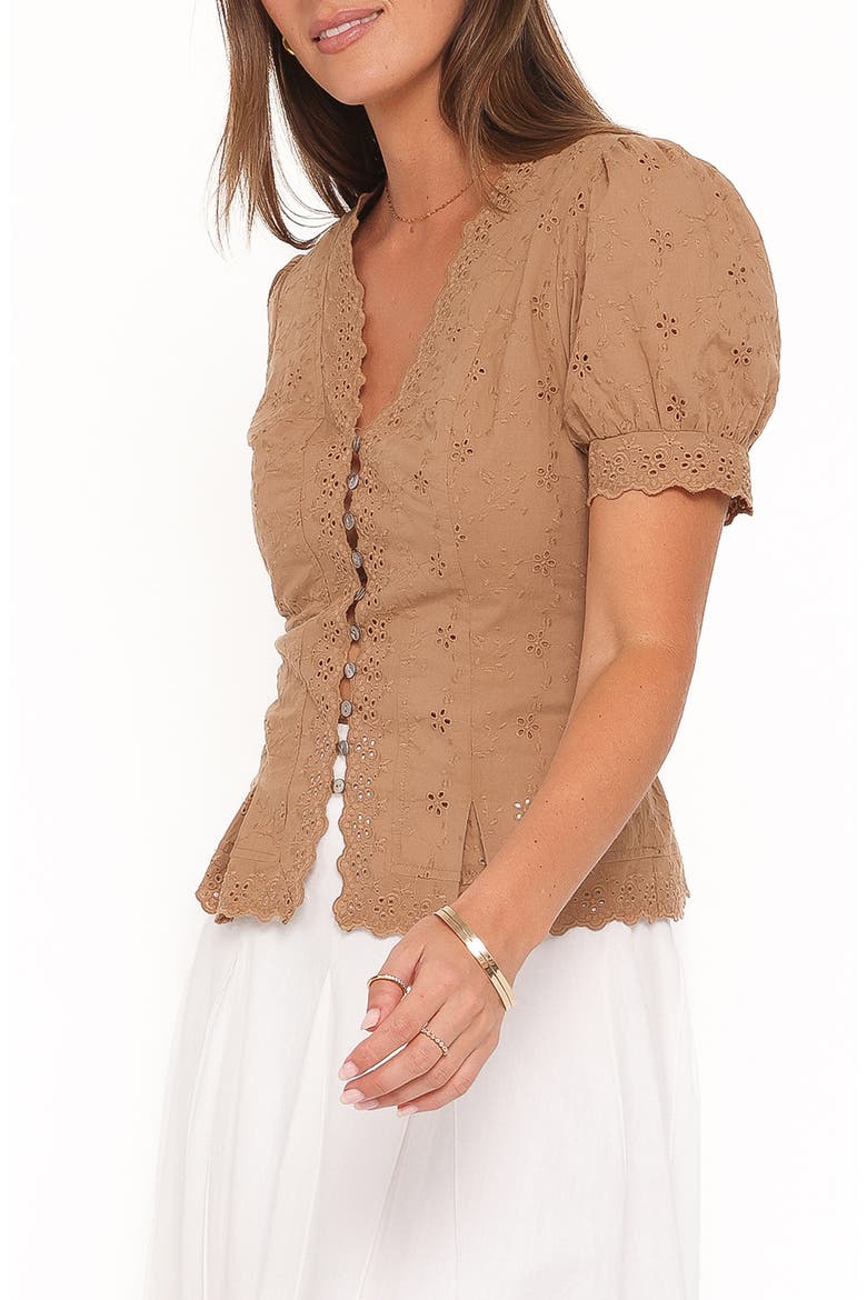 Lorraine Eyelet Puff Shoulder Top, Alternate, color, BROWN