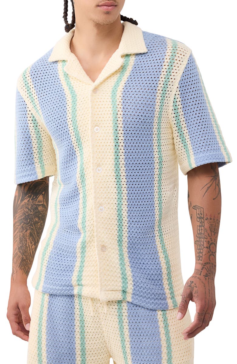 True Religion OG Stitch Camp Shirt, Main, color, Winter White / Blue Bell