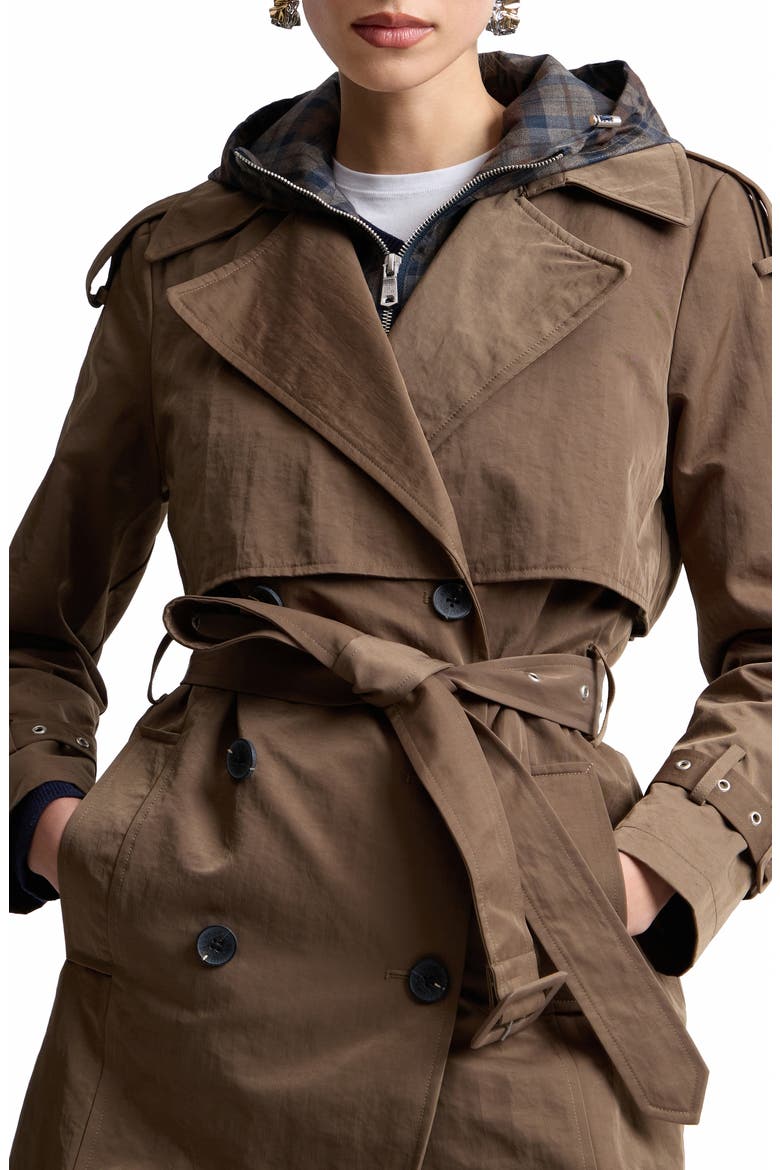 Crinkled Nylon Trench Coat with Hooded Bib Inset, Alternate, color, MOSS PLAID
