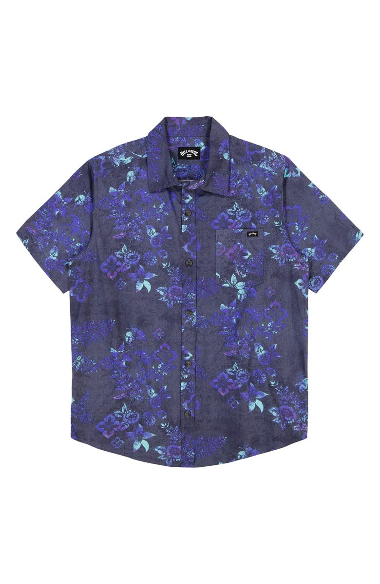Billabong Kids' Sundays Tropical Print Short Sleeve Cotton Button-Up Shirt, Main, color, Blue Fog