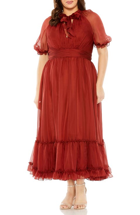 Sheer Puff Sleeve Tea Length Gown