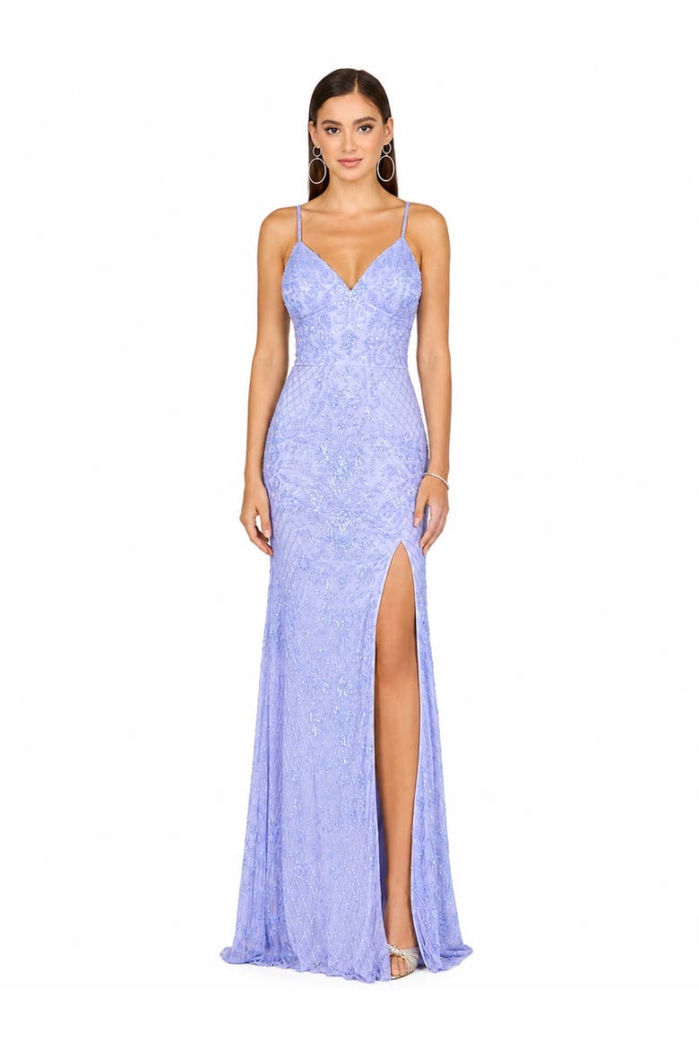 Body Con V-Neck Beaded Gown, Alternate, color, Blue Iris