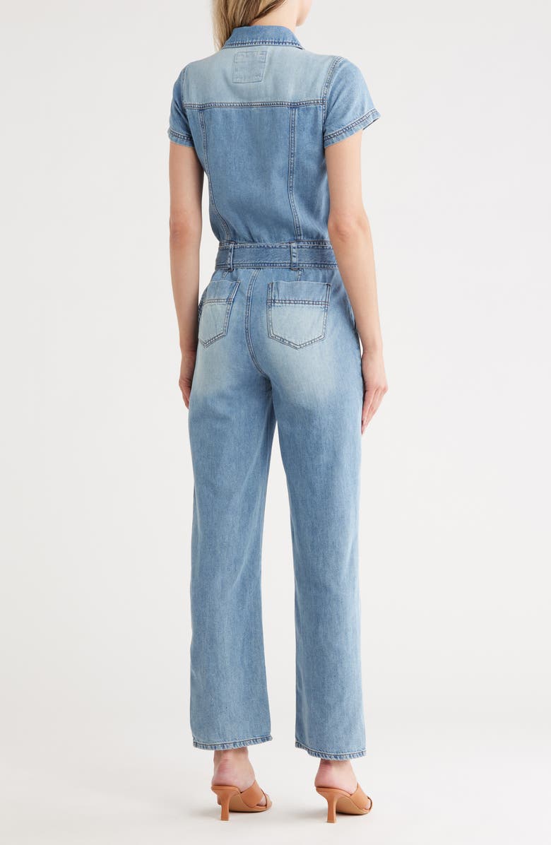 Habitual Short Sleeve Belted Denim Jumpsuit, Alternate, color, Pacific
