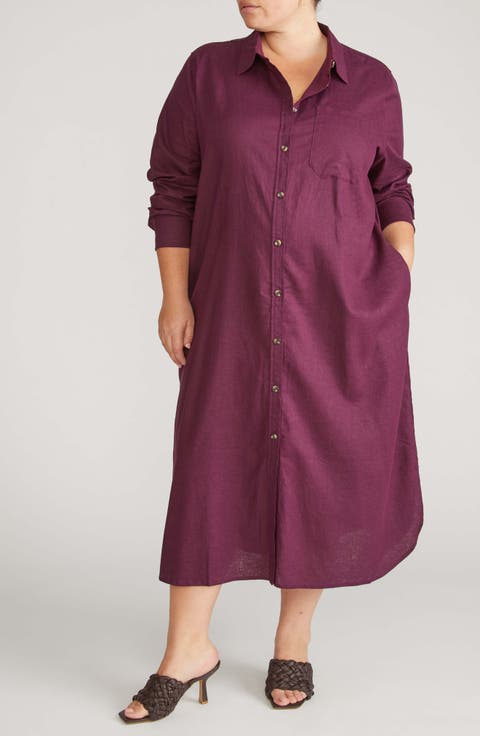 Odeon Long Sleeve Stretch Linen Blend Shirtdress (Regular & Plus)