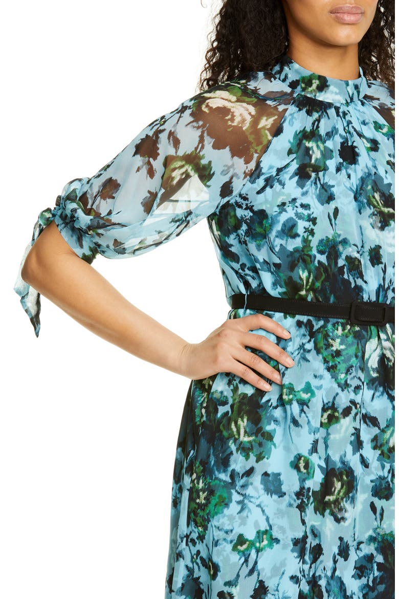 Belted Floral Print Silk Voile Dress, Alternate, color, BLUE/ GREEN