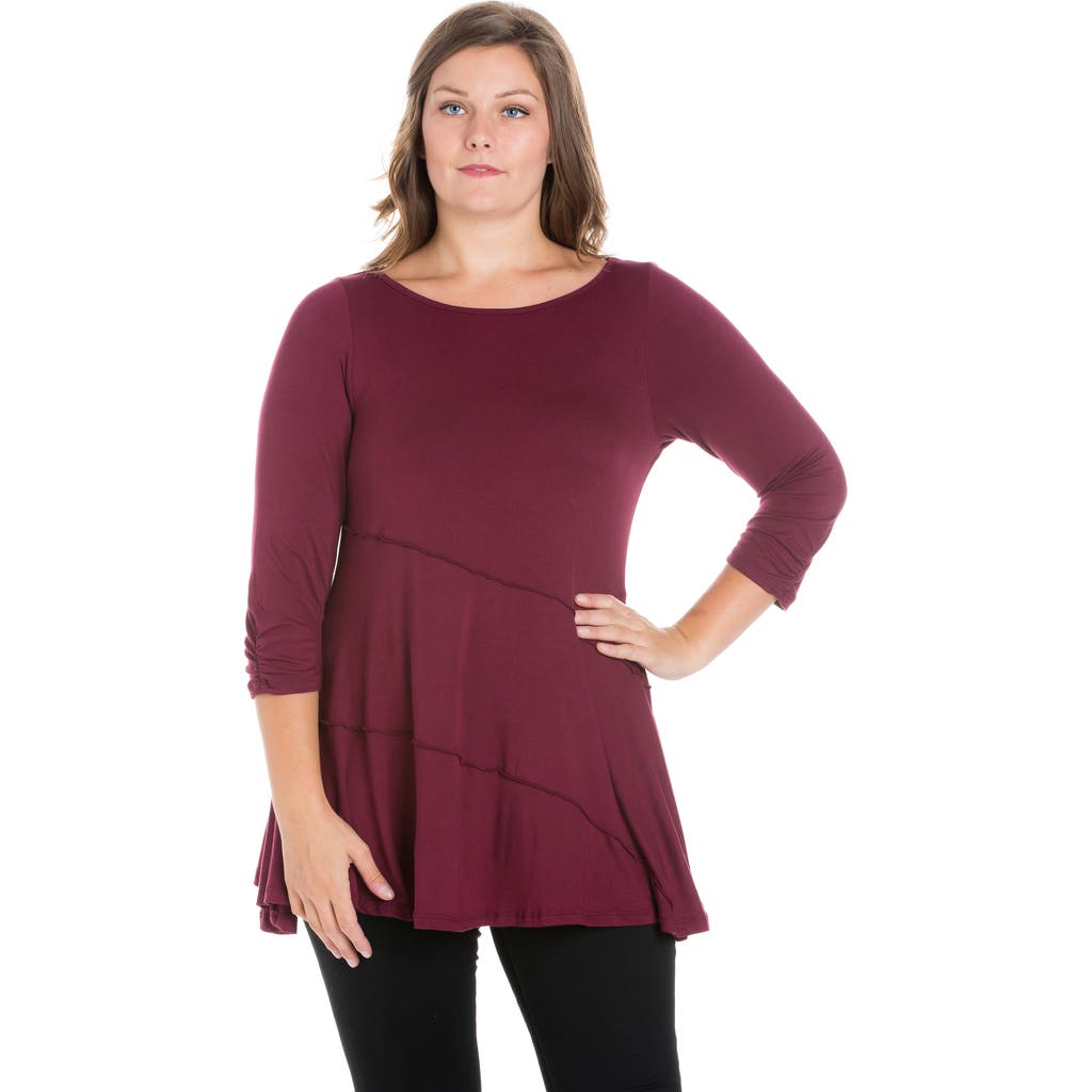 24seven Comfort Apparel Plus Size Ruched Sleeve Swing Tunic Top In Burgundy