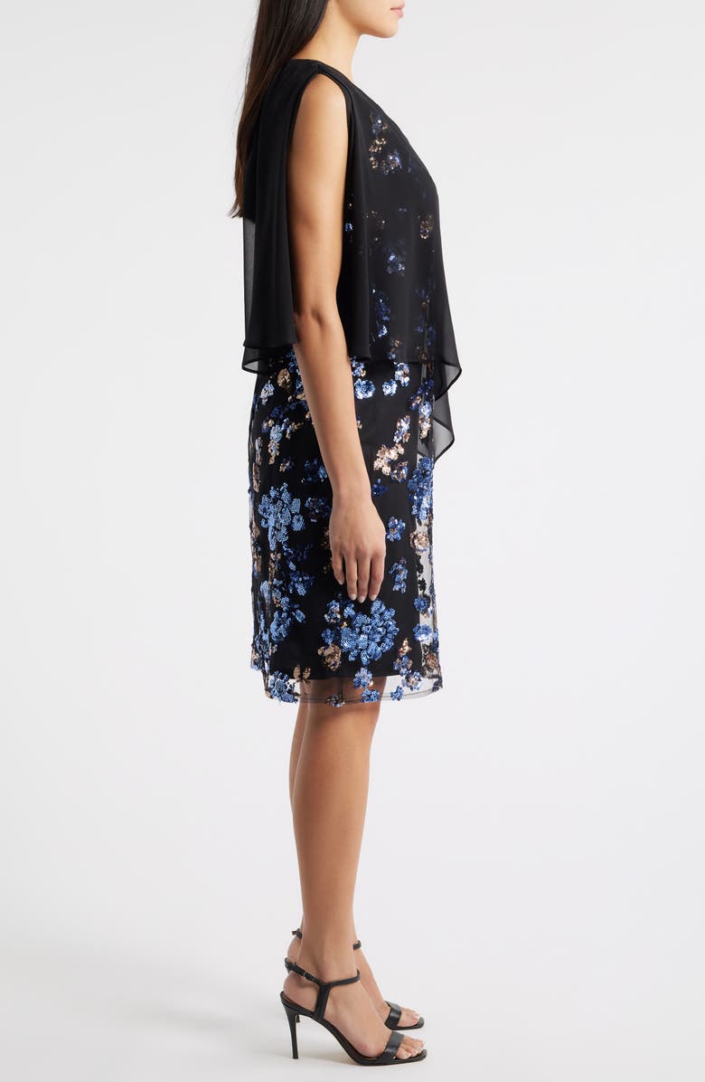 SL FASHIONS Chiffon Capelet Floral Sequin Cocktail Dress, Alternate, color, Blue Black