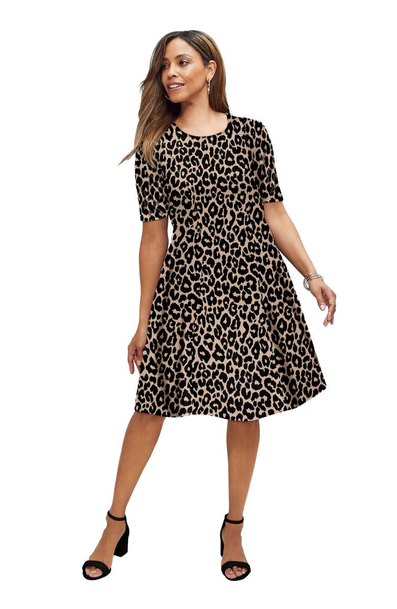 Jessica London Stretch Ponte Flare Dress, Main, color, Khaki Classic Cheetah