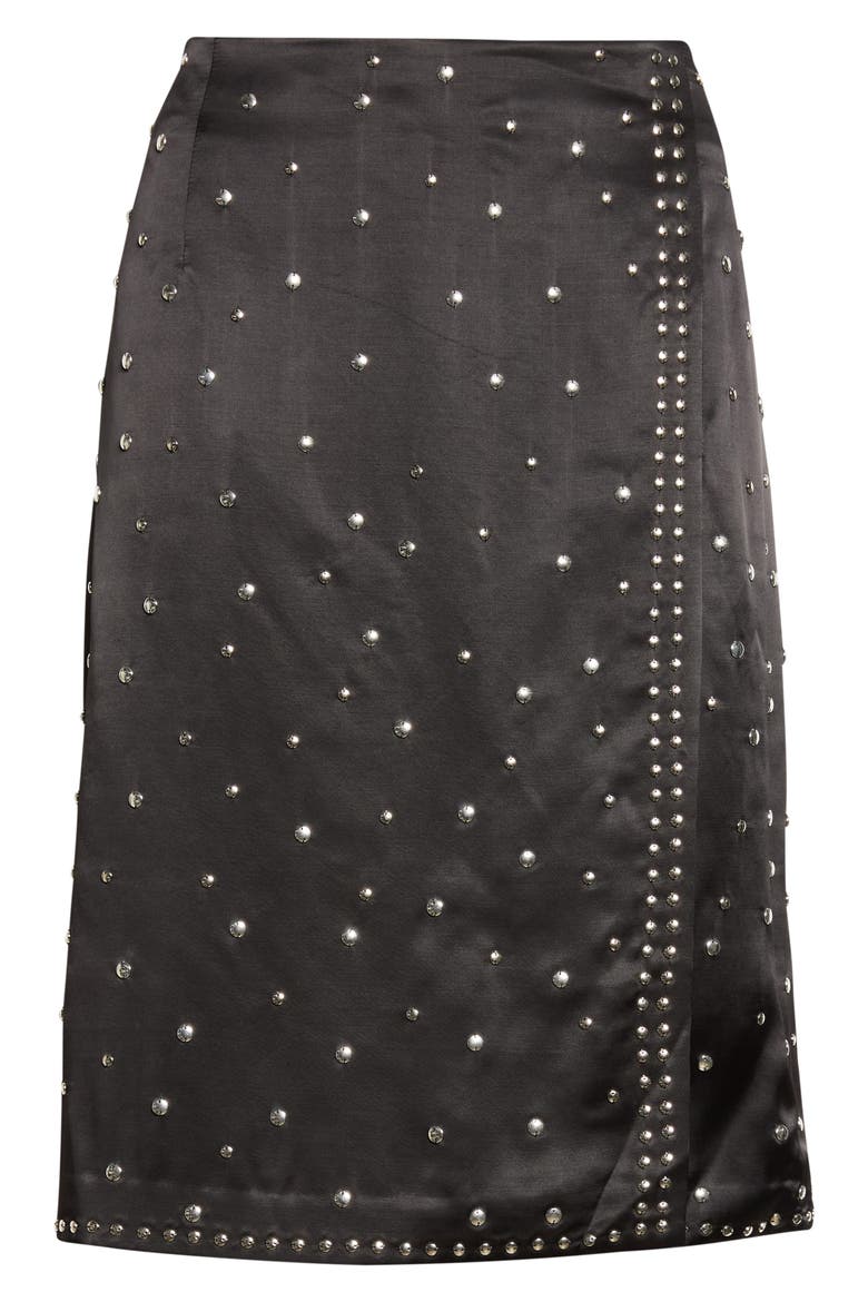 Cosmic Studded Faux Wrap Satin Midi Skirt, Main, color, BLACK