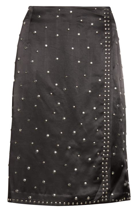 Cosmic Studded Faux Wrap Satin Midi Skirt