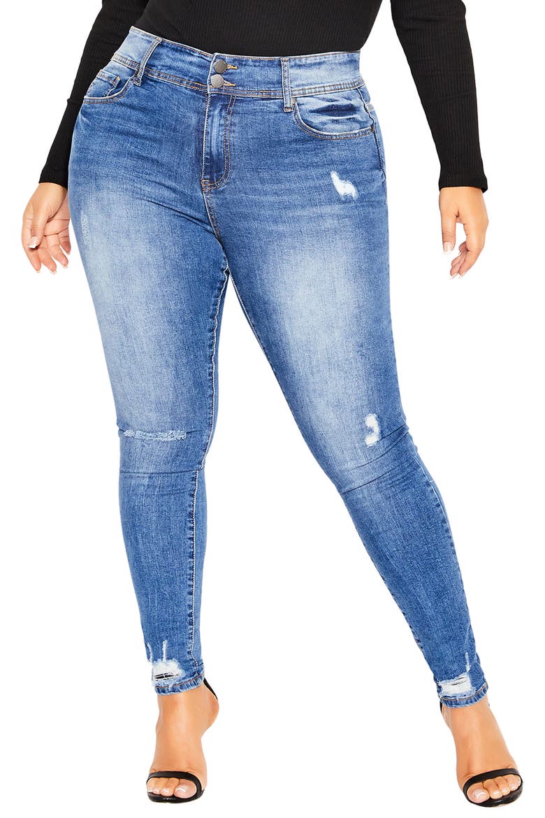 Escape Distressed High Waist Skinny Jeans, Main, color, MID DENIM