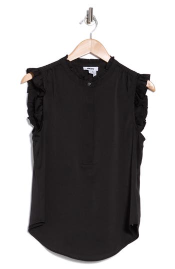 Dkny Ruffle Sleeve Covered Half Placket Satin Top