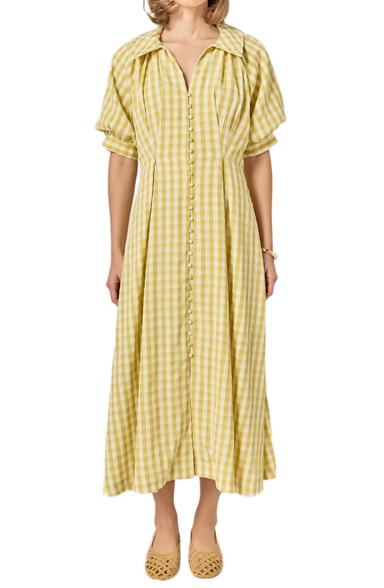English Factory Gingham Puff Sleeve Seersucker Shirtdress, Main, color, Pistachio