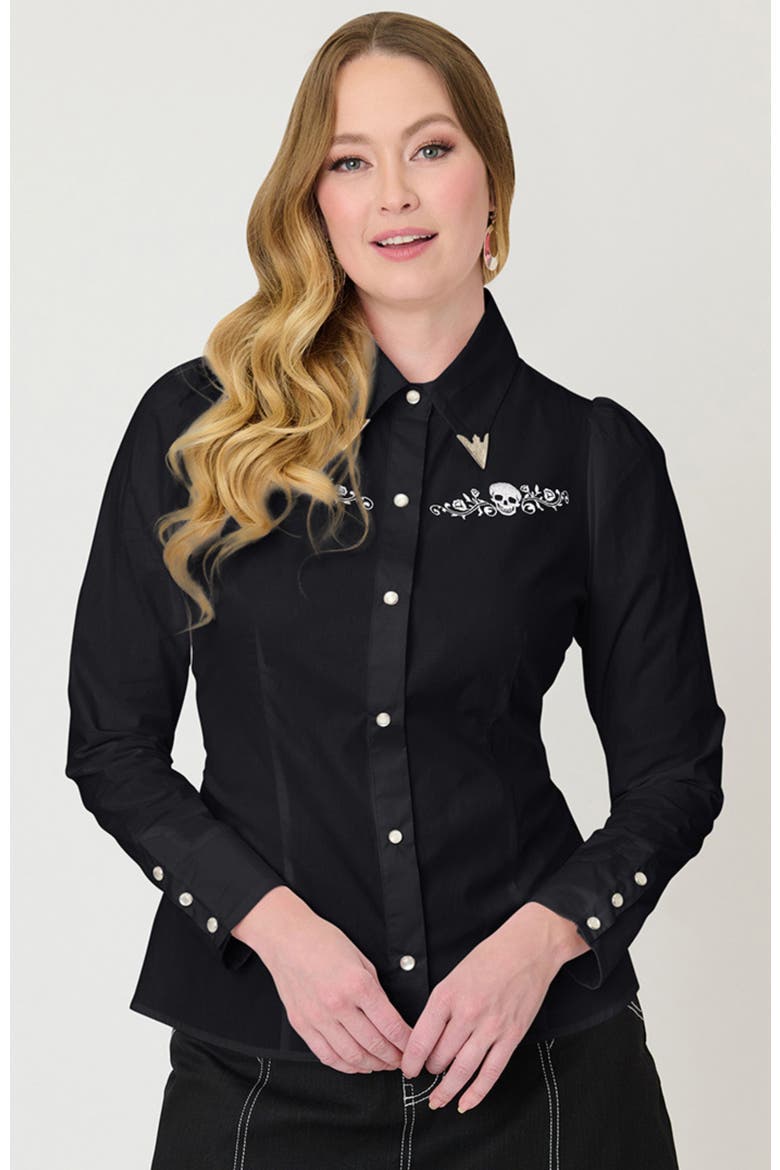 1940s Collar Tipped Blouse, Main, color, Black w/ Skull Embroidered