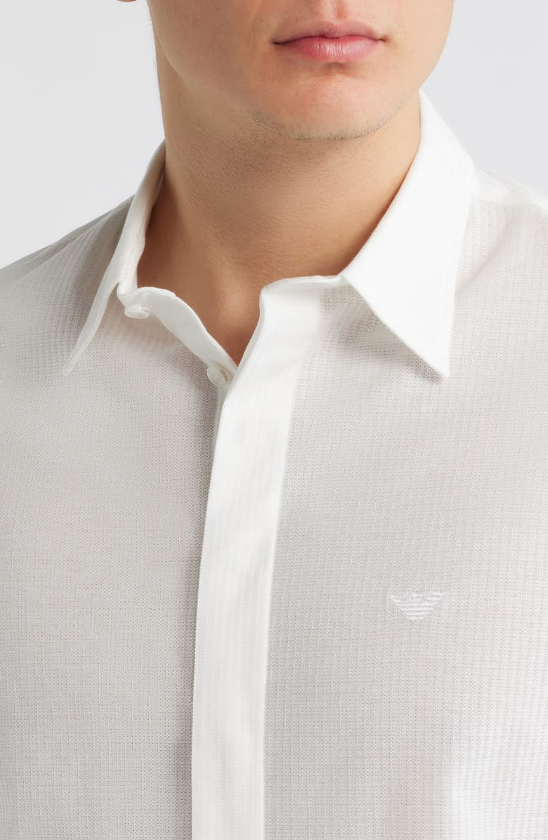 Emporio Armani Textured Stripe Short Sleeve Knit Cotton Button-Up Shirt, Alternate, color, Solid White