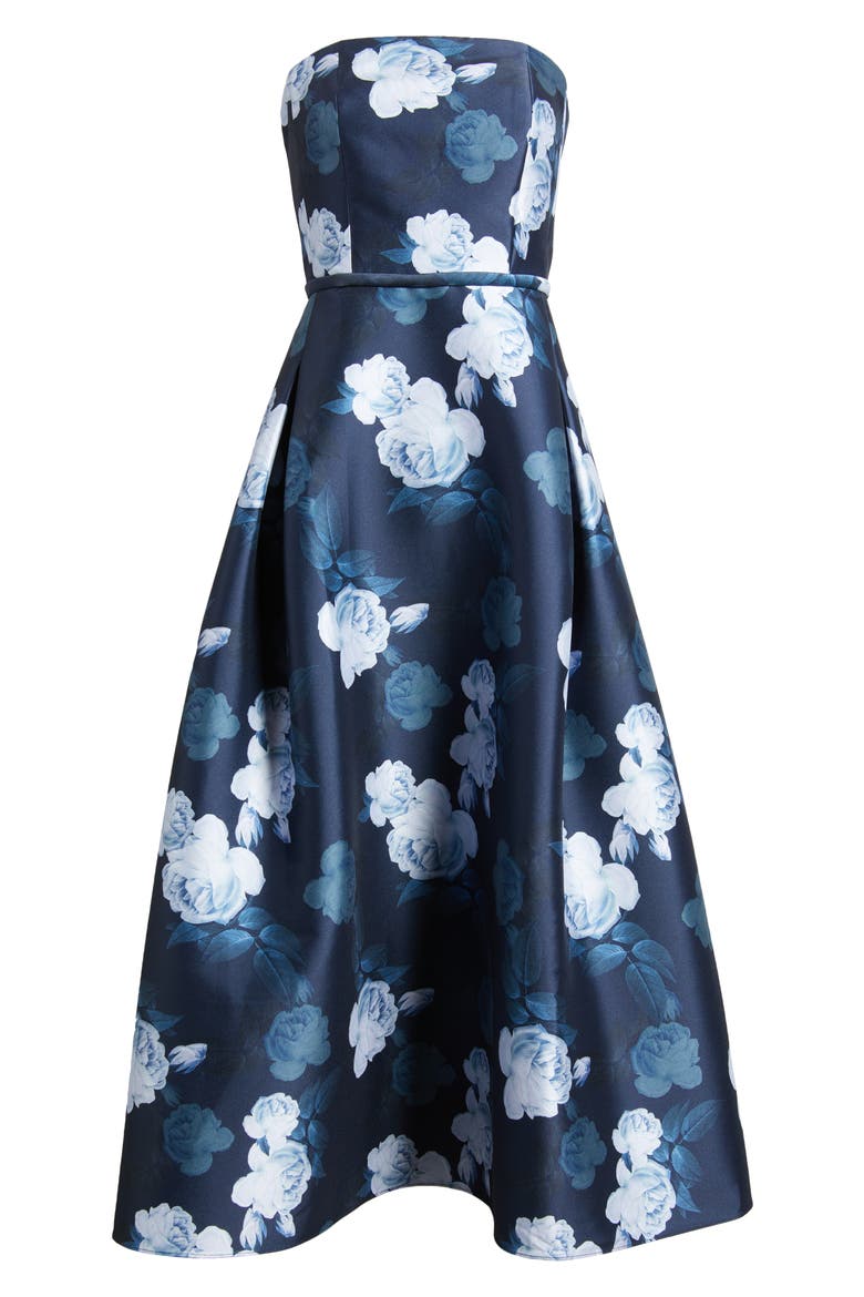 Shay Floral Strapless Stretch Mikado Cocktail Midi Dress, Alternate, color, MIDNIGHT GLACIAL ROSE