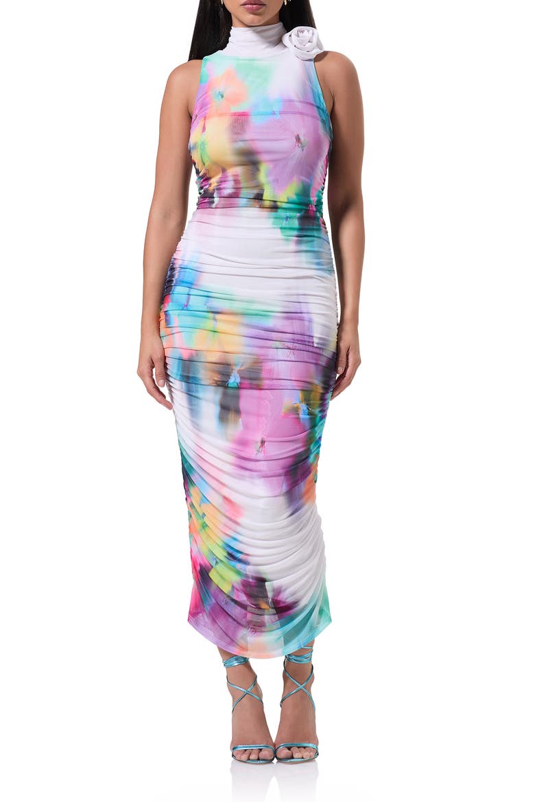 Fiorella Floral Rosette Body-Con Dress, Main, color, BLUR PANSY