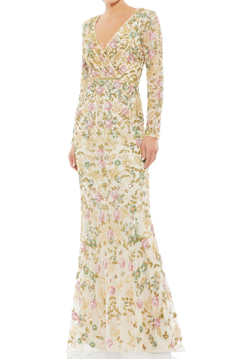 Floral Sequin Long Sleeve Trumpet Gown, Main, color, NUDE MULTI