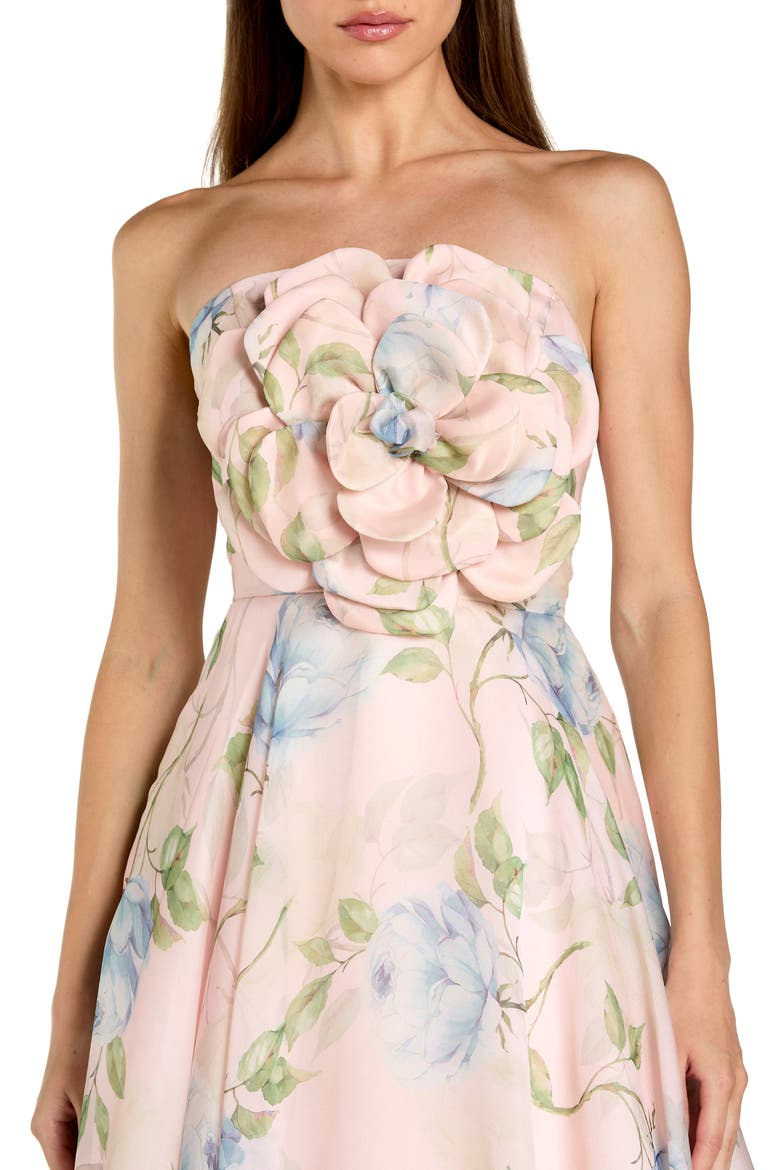 Strapless Floral Organza Midi Dress With Flower, Alternate, color, Powder Blue Multi