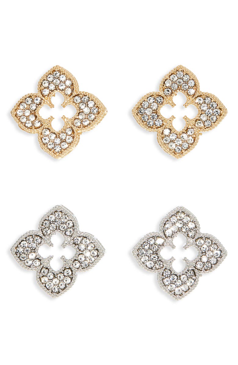 NATASHA Set of 2 Pavé Crystal Clover Stud Earrings, Main, color, Gold/ Silver
