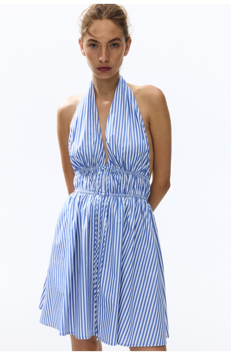 H&M Drawstring-detail Halterneck Dress, Alternate, color, Blue/Striped