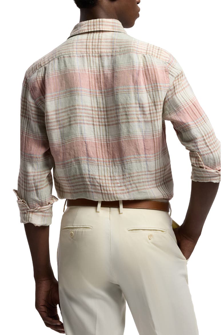 Plaid Linen Button-Up Shirt, Alternate, color, RASPBERRY