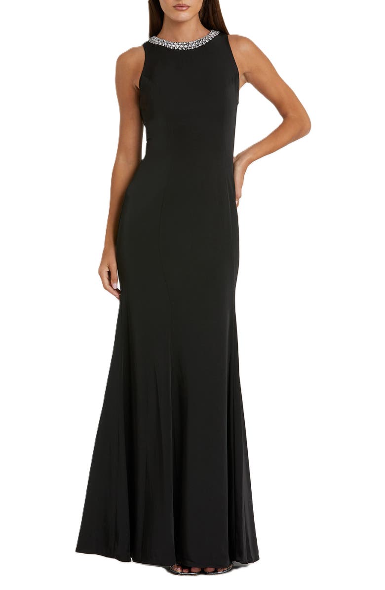 Mac Duggal Embellished Neck Trumpet Gown, Main, color, Black