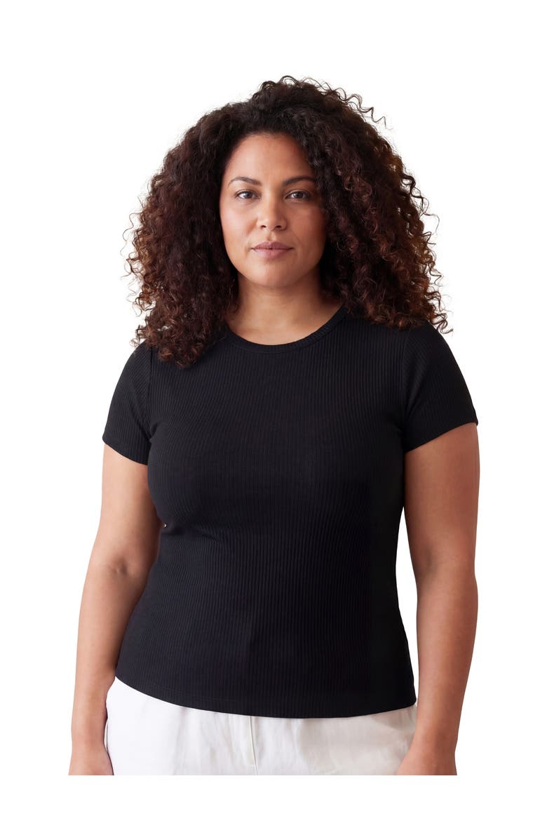 Curvy Basic Ribbed Knit Round Neck Short Sleeve Top, Main, color, Black