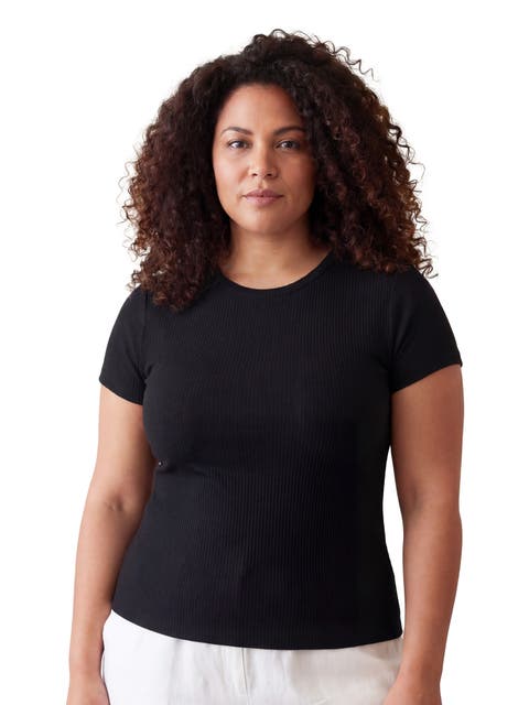 Curvy Basic Ribbed Knit Round Neck Short Sleeve Top
