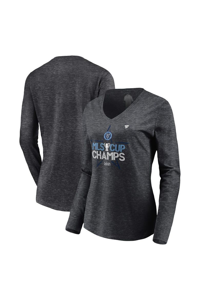 Women's Fanatics Branded Heathered Charcoal New York City FC 2021 MLS Cup Champions Locker Room Long Sleeve V-Neck T-Shirt, Main, color, Heather Charcoal