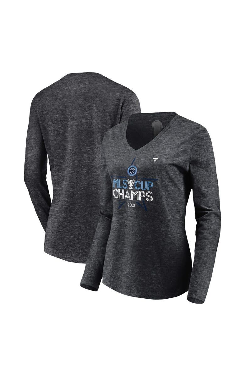 FANATICS Women's Fanatics Branded Heathered Charcoal New York City FC 2021 MLS Cup Champions Locker Room Long Sleeve V-Neck T-Shirt, Main, color, 
