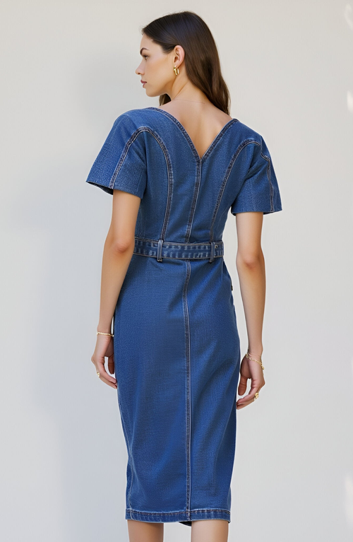 Modenaire Puff-sleeve Button-up Midi Dress In Blue
